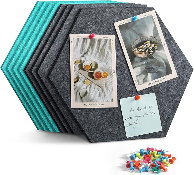 8 Pack Hexagon Felt Bulletin Board Tiles - 11.8" Large Thick Pin Board for Walls with 30 Push Pins, DIY Boards for Office Home School Decor, Aesthetic Hex Cork Board Alternative