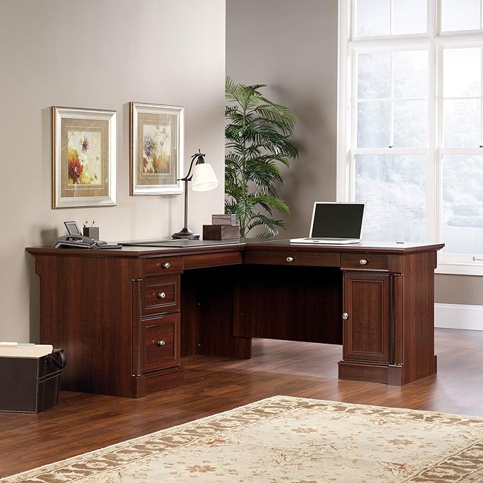 Sauder Palladia L Shaped Desk with Drawers, Office Desk with File Cabinet Storage, Cable Management, Keyboard Tray, in Select Cherry finish