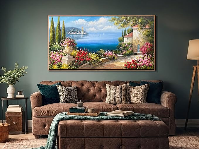Arjun Large Wood Framed Landscape Wall Art Canvas Living Room Hand Painted, Mediterranean Seascape Painting Bedroom Flower Blue Ocean Picture Artwork Home Office Wall Decor, 48"x24"
