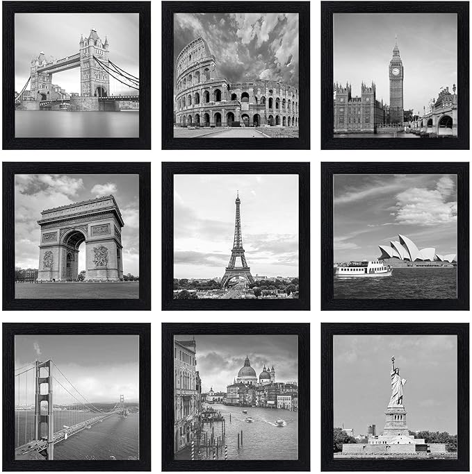 eletecpro 8x8 Picture Frames Set of 9 with Clear Acrylic Cover, Display 4x4 Photos with Mat or 8x8 Without, Classic and Sturdy Square Collage Gallery Wall Decor, Easy Wall Mount, Black