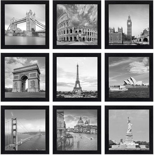 eletecpro 8x8 Picture Frames Set of 9 with Clear Acrylic Cover, Display 4x4 Photos with Mat or 8x8 Without, Classic and Sturdy Square Collage Gallery Wall Decor, Easy Wall Mount, Black
