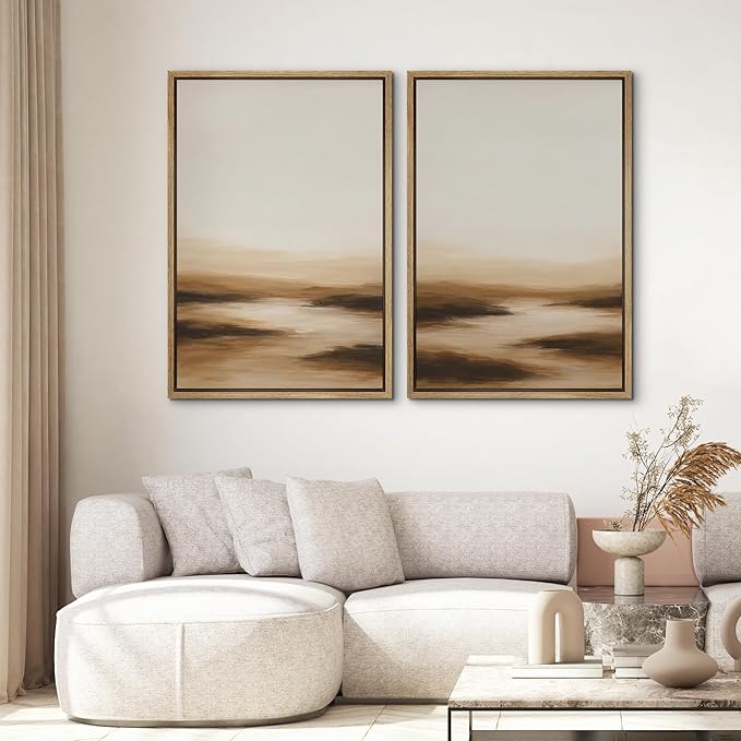 SIGNWIN Framed Canvas Print Wall Art Set Warm Brown Abstract Horizon Neutral Minimalist Landscape Illustrations Modern Art Decorative Multicolor for Living Room, Bedroom, Office - 16"x24"x2 Natural