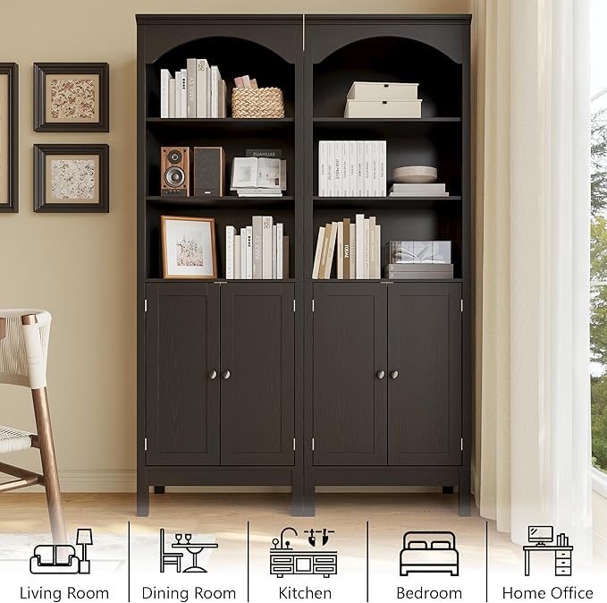 71" H Tall Bookshelf with Doors, Farmhouse Book Shelf with 3-Tier Open Shelves, Wooden Bookcase with Storage Cabinet, Freestanding Display Bookshelves for Bedroom, Living Room, Black