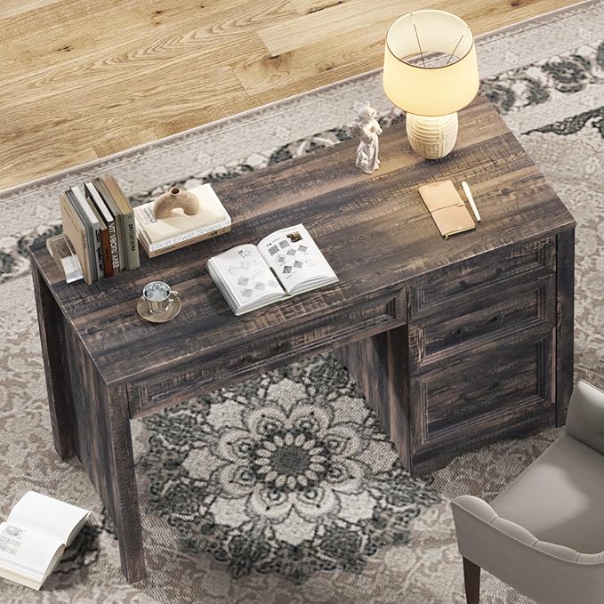 Vabches Farmhouse Executive Desk with Drawers, Home Office Desk with File Drawer, Wood Computer Desk with Ample Storage, Rustic Office Desk with Spacious Tabletop for Work, Dark Oak