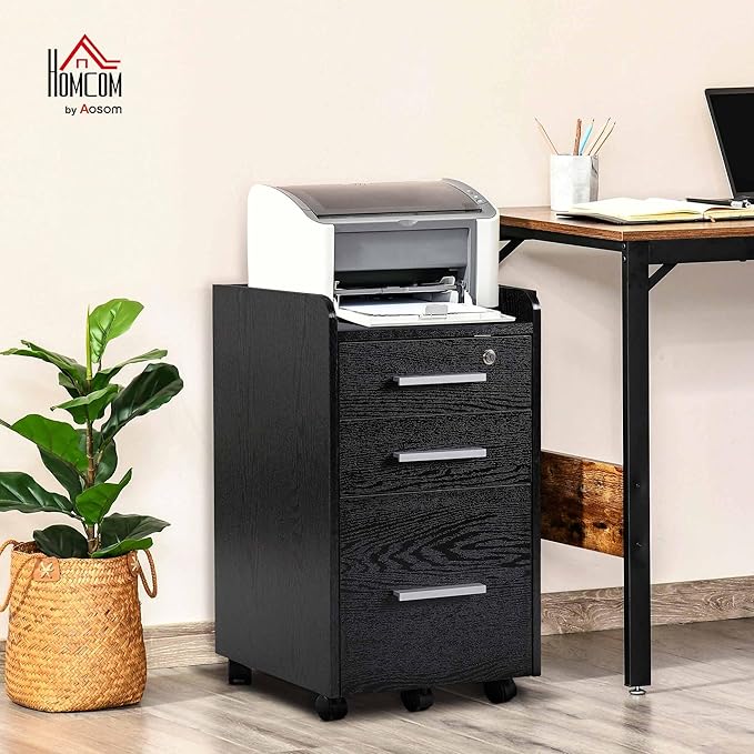 HOMCOM Vertical Filing Cabinet 3-Drawer, Mobile File Cabinet with Lock and Wheels for A4, Letter Size, Black