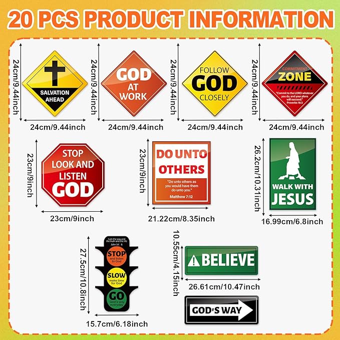 20 PCS Christian Road Signs VBS Decorations Religious Bulletin Board Set Christian Construction Sign Paper Cutouts Jesus Bible Verse Wall Decor for Sunday School Classroom Church