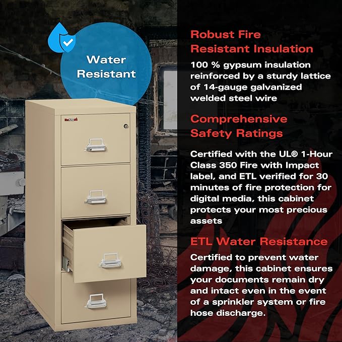 FireKing Fireproof Vertical File Cabinet, 4 Legal Sized Drawers, 52 .75in H, Made in The USA, 21 W x 31 D, (42131CPA)