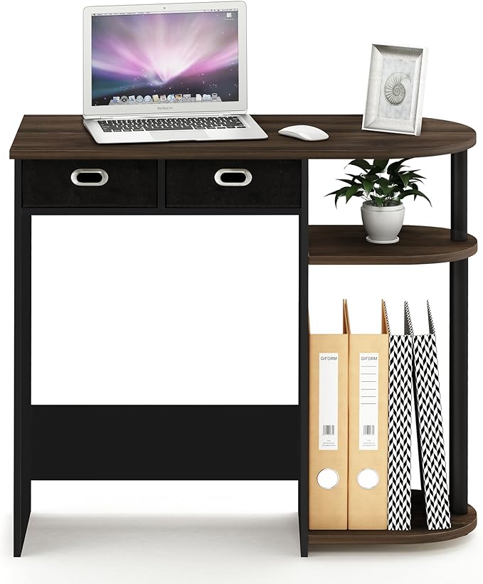 Furinno GO GREEN Desk, 31.5" Wide Gaming Desk with 2 Side Shelves and Storage Bins, Computer Desk, Office Desk for Home Office, Study Room, Dorm, Bedroom, Columbia Walnut