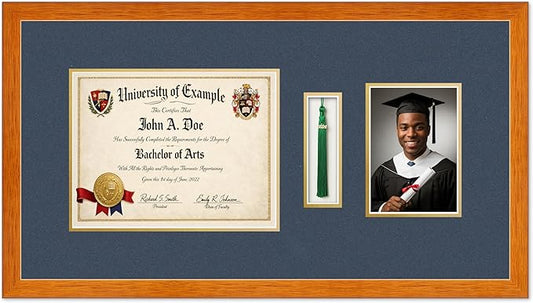 Diploma Tassel and Photo Shadowbox Fits 11 x 8.5 US Letter Certificate with Tassel Hook Honey Oak Genuine Hardwood with Navy Blue Over Metallic Gold Double mat