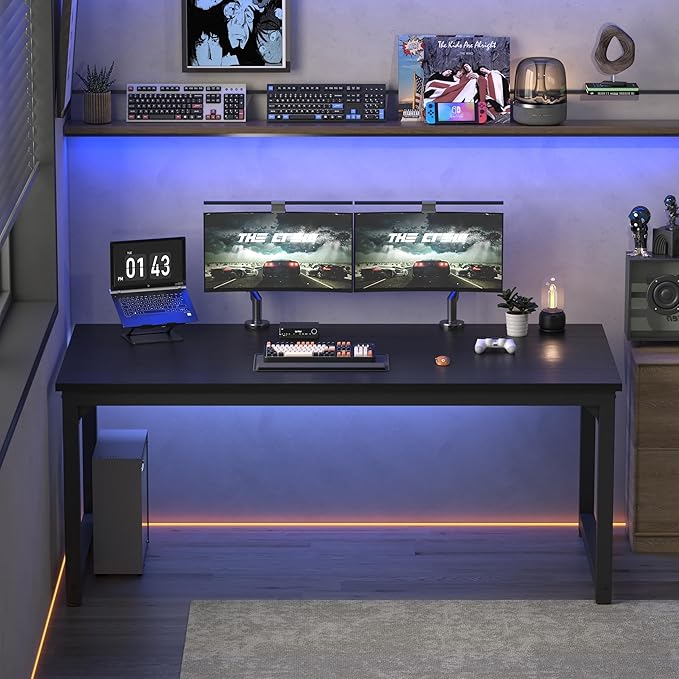NSdirect 70.9" Computer Desk,Large Home Office Desk Wide Workstation 1 inch Thicker Tabletop for Writing,Games and Home Work PC Desk Modern Finish Wood Board and Sturdy Steel Legs, Black