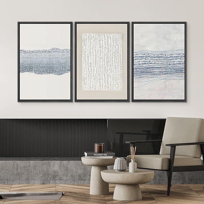 SIGNWIN Framed Canvas Print Wall Art Set Blue White Grunge Geometric Pattern Abstract Shapes Cozy Neutral Modern Art Decorative Contemporary Minimal for Living Room, Bedroom, Office - 16"x24"x3 Black