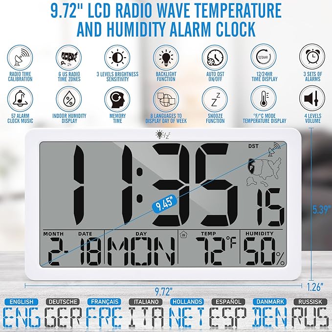 TXL Atomic Digital Wall Clock, Battery Operated with Temperature & Humidity, Auto DST, Date & Weekday, Easy Set Alarm, for Living Room, Bedroom, Office & Classroom (White)