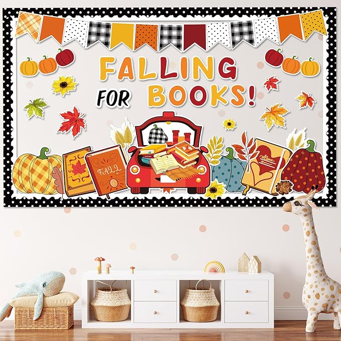 gisgfim Fall Bulletin Board Decorations Set Fall Thanksgiving Pumpkin Classroom Paper Cutouts Falling for Books Pumpkin Maple Leaf Bulletin Board Decor fo Home School Library Chalkboard Wall