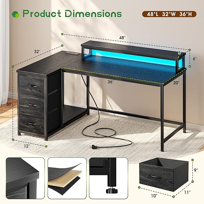 EnHomee L Shaped Gaming Desk with LED Lights & Power Outlet, 48Inch Reversible Office Desk with Monitor Stand Corner Computer Desk with 3 Drawers for Gaming,Study Room,Home Office,Bedroom,Black
