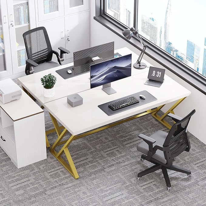 LVB White and Gold Desk, Modern Wood Home Office Computer Desk, Metal Study Executive Writing Table for Gaming Writing Work, Farmhouse Simple Compact Student PC Desk for Bedroom, 55 Inch