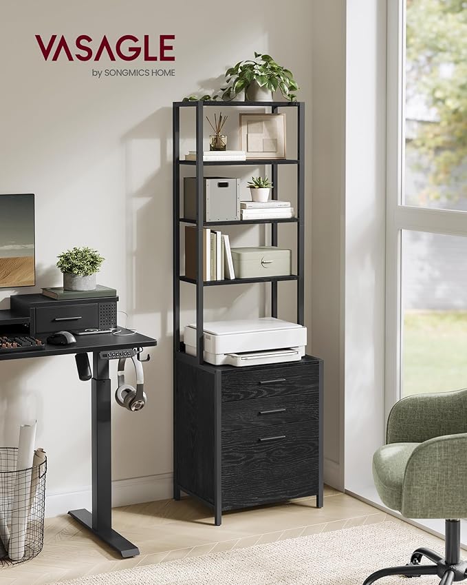 VASAGLE File Cabinet, Home Office Filing Cabinet with Height-Adjustable Open Shelves, 3 Drawers, for A4, Letter-Size Hanging File Folders, Steel Frame, for Home Office, Ebony Black UOFC078B16