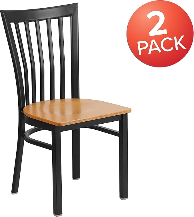 Flash Furniture 2 Pk. HERCULES Series Black School House Back Metal Restaurant Chair - Natural Wood Seat