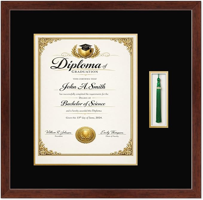 CountryArtHouse Diploma and Tassel Frame Fits 11 x 14 College Diploma (Portrait) with Tassel H Rustic Walnut Genuine Hardwood Shadowbox with Black Over Metallic Gold Double mat