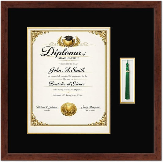 CountryArtHouse Diploma and Tassel Frame Fits 11 x 14 College Diploma (Portrait) with Tassel H Rustic Walnut Genuine Hardwood Shadowbox with Black Over Metallic Gold Double mat
