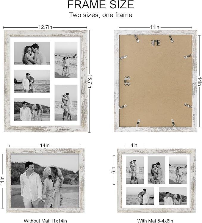 11x14 Picture Frame Set of 2, Distressed White Wood Frame with Real Glass Collage Picture Frames, Display Pictures Five 4x6 With Mat or 11 x 14 Without Mat, Photo Frames Wall Gallery