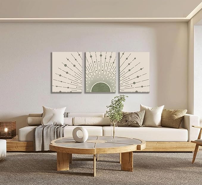 3pcs Sun Boho Canvas Wall Art Sage green Sun Wall Decor Modern Sunrise Posters Modern Abstract Geometric Prints Pictures Mid-Century Painting for Living Room, Bedroom, Bathroom and Office framed