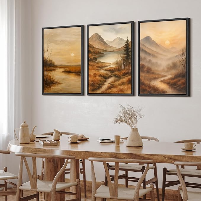 SIGNFORD Framed Wall Art Print Set Golden Hour Mountain River Serene Nature Landscape Digital Art Modern Art Contemporary for Living Room, Bedroom, Office - 24"x36"x3 Black