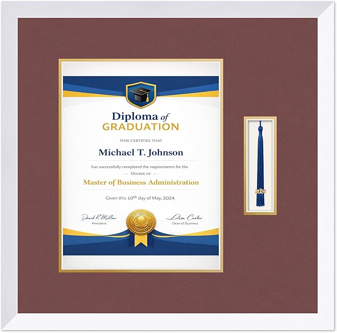 Diploma Frame with Tassel Holder Bright White Shadowbox Dark Red Over Gold Mat - Fits 10 x 13 Degree Made in the USA