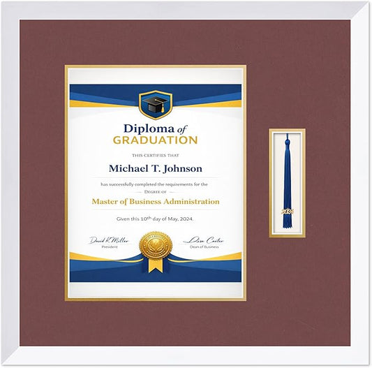 Diploma Frame with Tassel Holder Bright White Shadowbox Dark Red Over Gold Mat - Fits 10 x 13 Degree Made in the USA