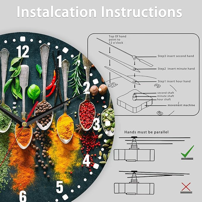 SPUNKER Clocks for Living Room,Colourful Herbs Spices 10 Inch Wall Clock,Spoons Small Battery Operated Wall Clocks Decorative for Kitchen/Living Room/Bedroom/Bathroom/Dining Room