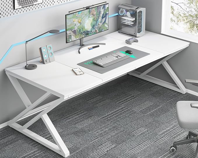 HSH White 70.8" Computer Desk, Modern Large Long Wood Metal Office Desk, Farmhouse Pc Study Work Writing Desk for Two Person, Rustic Double Workstation Executive Desk for Home Bedroom Living Room