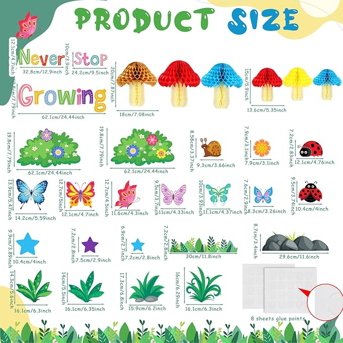 Pajean Spring Bulletin Board Decorations with 3D Mushroom Honeycomb Balls Never Stop Growing Paper Cutouts March April Classroom Bulletin Board for Motivational Library Reading Chalkboard Wall Decor