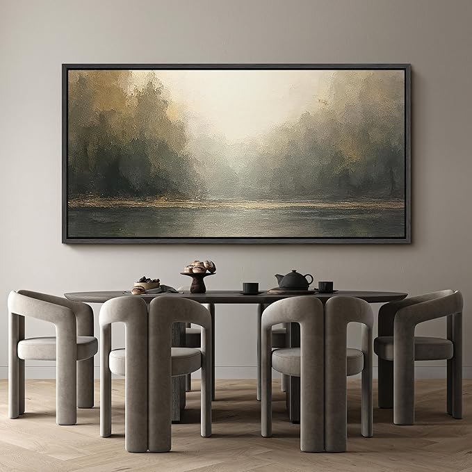 SIGNFORD Extra Large Framed Canvas Foggy Forest River Morning Illustrations Modern Art Calm Warm for Living Room, Bedroom, Office - 60"x30"