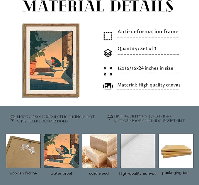 Funny Frog Bathroom Decor Wall Art, Cute Japanese Animal Canvas Wall Decor Painting, Whimsical Frog on Toilet Reading Newspaper Artwork Poster Prints Pictures for Bathroom Restroom 16x24 Inch