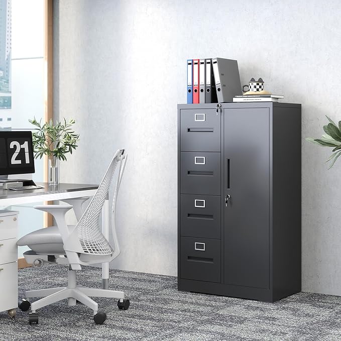 4 Drawer Metal File Cabinet with 1 Door,Steel Storage Locker Cabinets for Employees,Home Office Black Filing Cabinets for Legal/Letter Size Files,Assembly Required