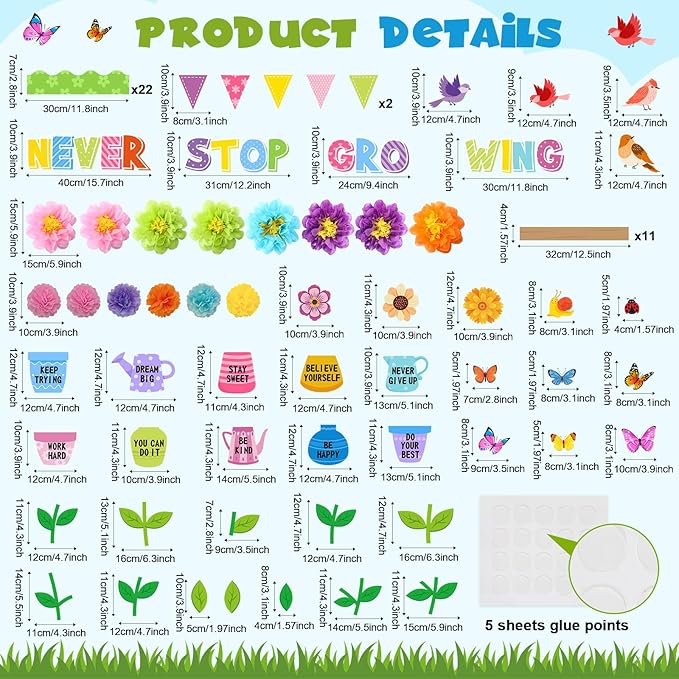 73 Pcs Flower Bulletin Board Decoration Set with 3D Paper Flower Never Stop Growing Classroom Decor Inspirational Bulletin Board Decor for Motivational Classroom School Home Chalkboard Wall