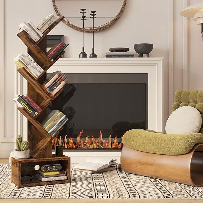 YMYNY 6 Tier Tree Bookshelf, Tall Bookcase, Wood Book Storage Rack with Drawer, Modern Floor Standing Book Shelf for Books/Movies/CDs, Utility Organizer for Living Room, Office, Rustic Brown UHBC016H