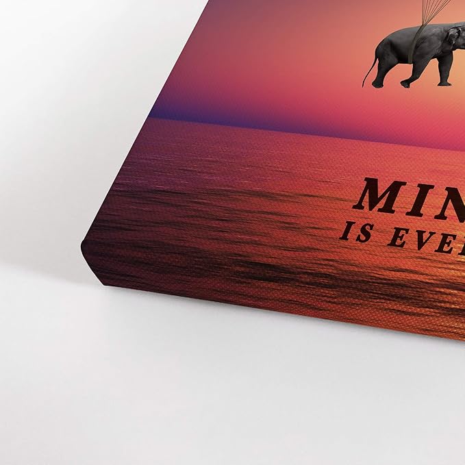 Smile Art Design Mindset is Everything Elephant with Balloon in Sunset Motivational Wall Art Canvas Print Inspirational Wall Art Entrepreneur Quote Office Living Room Decor Gift Ready to Hang 8x12