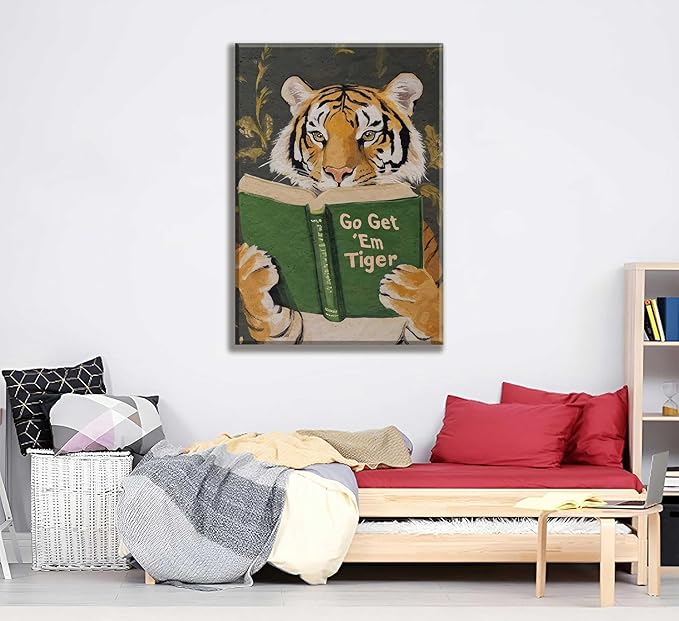 Vintage Motivational Tiger Reading Wall Art Go Get Em Tiger Canvas Wall Decor Funny Cute Prints Painting Humorous Bookworm Poster Picture For Home Bedroom Dorm Framed