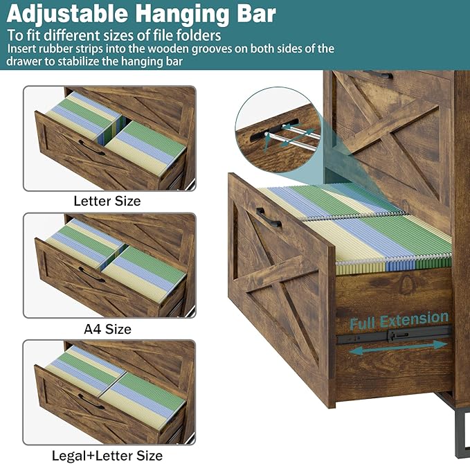 Vabches Lateral File Cabinet 2 Drawer File Cabinet with Charging Station for Legal/Letter/A4 Size Hanging Files, Large Wood File Storage Cabinets Printer Stand for Home Office, Rustic Brown