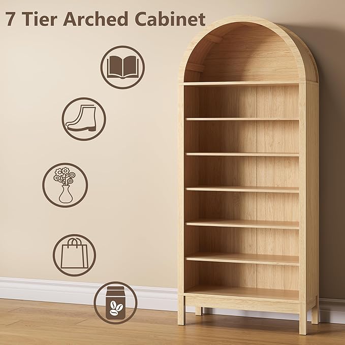 Tall Arched Bookshelf, 7-Tier Bookcase with 3 Adjustable Shelves, Modern Farmhouse Storage Shelf for Living Room, Entryway, Office, 29.5" W x 70.1" H x 13.8" D, Natural Oak