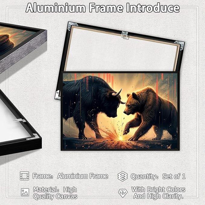 Trendy Bull And Bear Confrontation Wall Art Funny Bull And Bear Stock Market Canvas Posters Funny Animal Prints Painting For Office Living Room Wall Decor 24x36in Framed