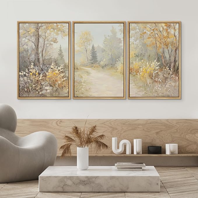 SIGNWIN Framed Canvas Print Wall Art Set Golden Woodland Path Impressionist Nature Scene Illustrations Modern Art Decorative for Living Room, Bedroom, Office - 16"x24"x3 Natural