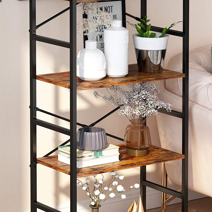5-Tier Tall Bookcase, Rustic Wood and Metal Standing Bookshelf, Industrial Vintage Book Shelf Unit, Open Back Modern Office Bookcases