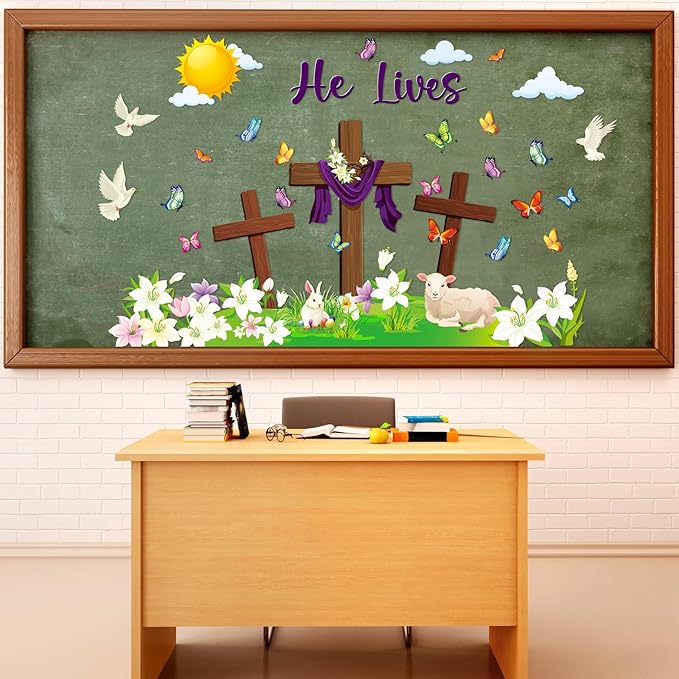 Funrous Easter Classroom Decorations Easter Christian Bulletin Board Set Religious Bunny Cross Cutouts for Spring School Sunday Home Church Wall Door(Christian)