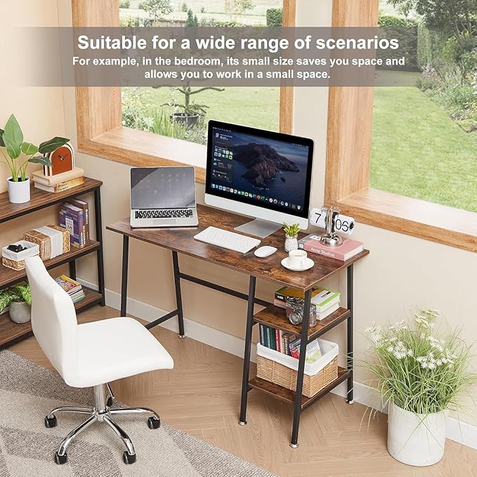 VECELO 43 Inch Computer Desk Writing Study Work Office Table Modern Desk with Shelves Wooden Desk for Home Bedroom,Walnut Desk