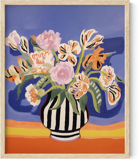HAUS AND HUES Floral Art Wall Decor - Wildflowers Wall Art for Living Room, Floral Artwork for Bedroom Walls, Flower Painting for College Girls Dorm Room (Striped Vase, Beige Frame, 8x10)