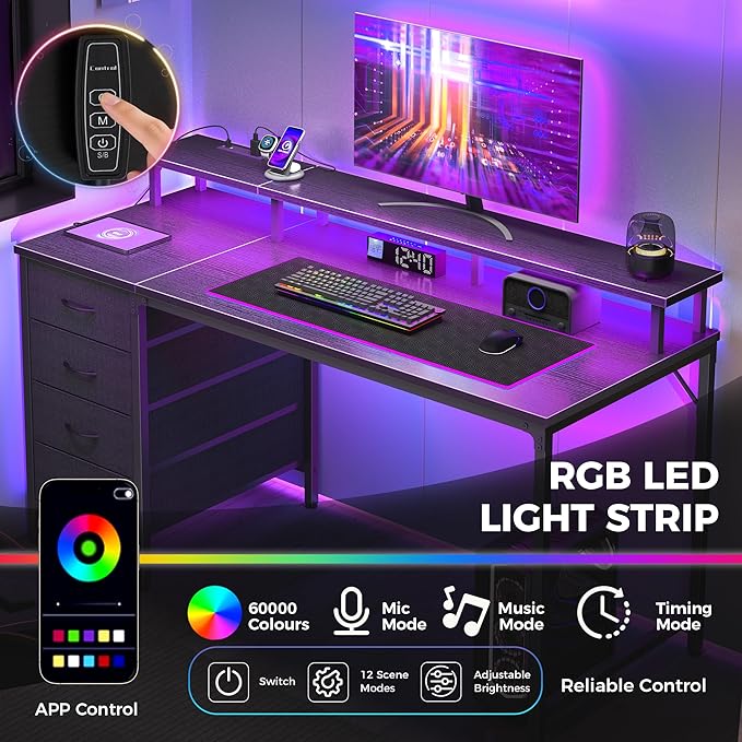 DUMOS 40 Inch Computer Desk with 4 Drawers,4 Drawer Gaming Desk with with Power Outlets and LED Lights,Office Desk for Small Spaces with Monitor Shelf,Writing Desk for Home Office, Bedroom,Study,Black