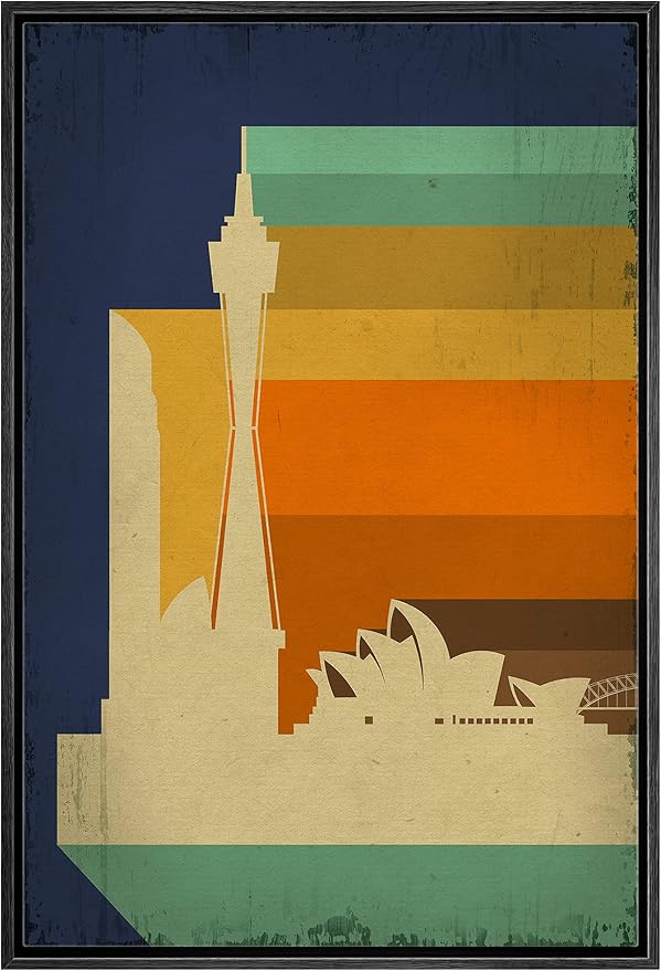 IDEA4WALL Framed Canvas Print Wall Art Retro Vintage Sydney Australia Cultural Building Illustrations Modern Art Contemporary Scenic Warm for Living Room, Bedroom, Office - 16"x24" BLACK