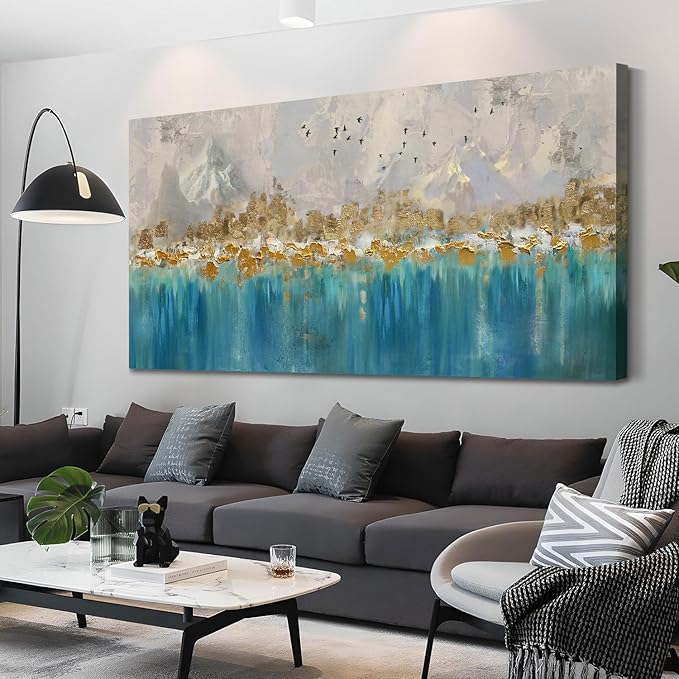 Arjun Abstract Canvas Wall Art for Mens Room, Gold Mountain Hand Painted Textured Living Room Wall Decor Picture, Extra Large Bedroom Painting Artwork Framed Home Office Wall Decor 58"x29"