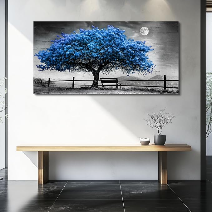 FUHAIHUA Large Wall Decor For Living Room Canvas Wall Art For Office Modern Wall Decorations For Bedroom Black And White Landscape Painting Blue Tree Pictures Artwork Room Home Decor 24x48 In